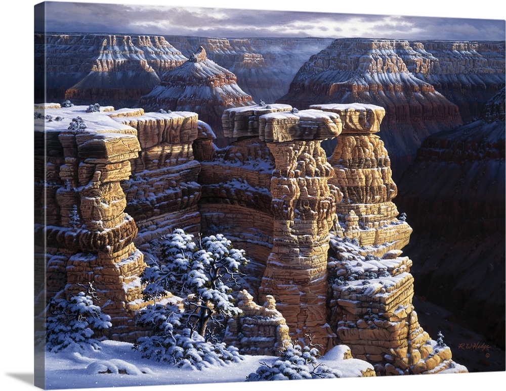 Contemporary landscape painting of the Grand Canyon under winter snowfall.