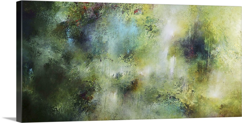 Contemporary abstract artwork in shades of green, resembling a dark forest.