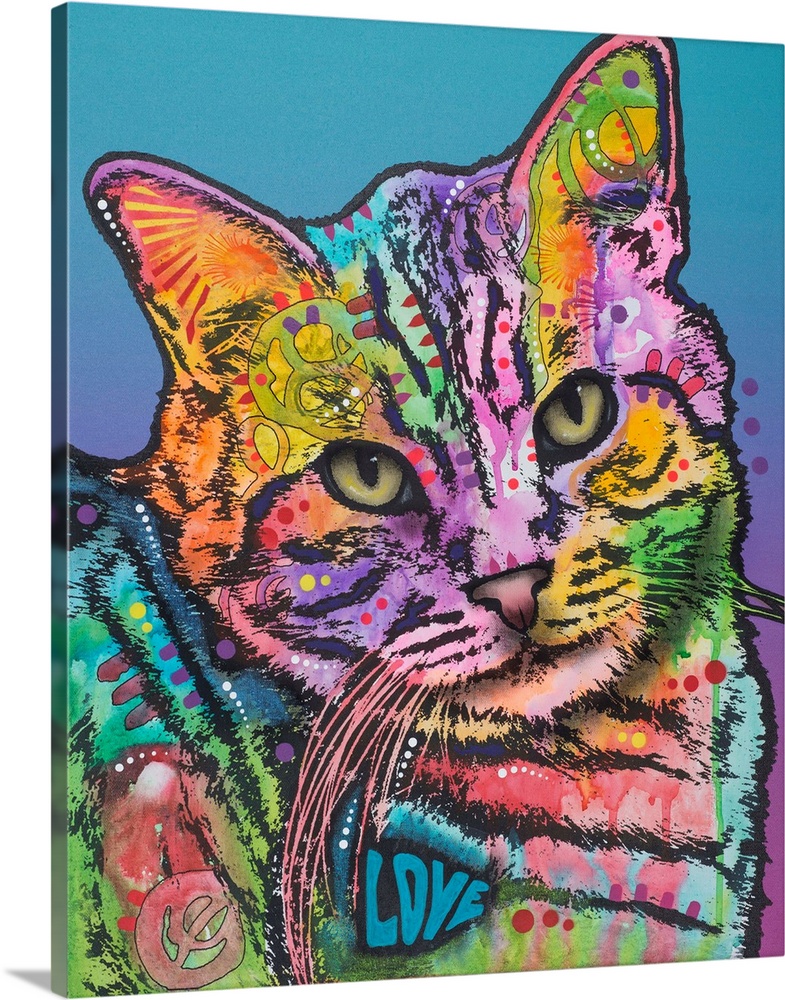Colorful illustration of a cat with abstract designs all over on a blue to purple gradient background.