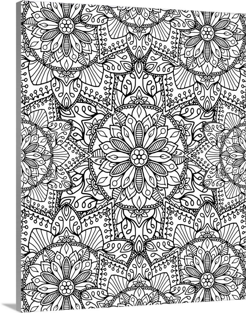 A kaleidoscopic lineart pattern with star and flower shapes.