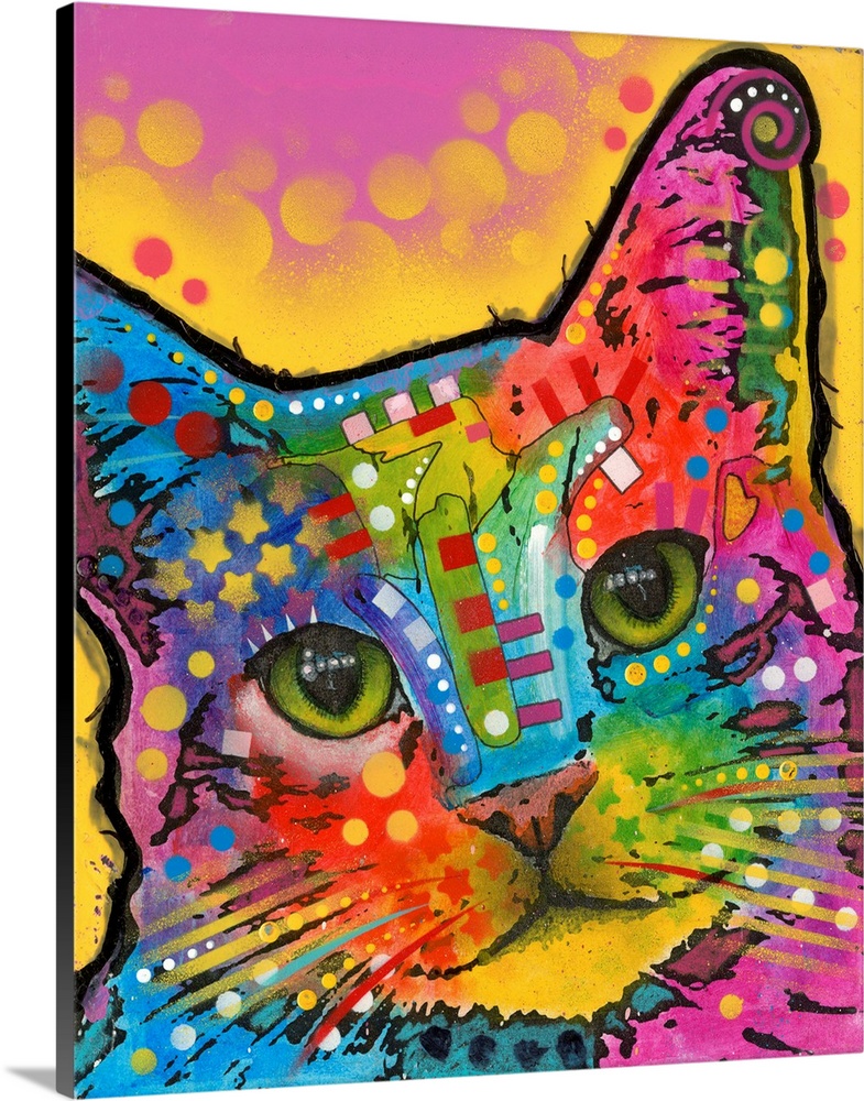 Colorful painting of a cat with geometric abstract markings on a pink and yellow background with polka dots.