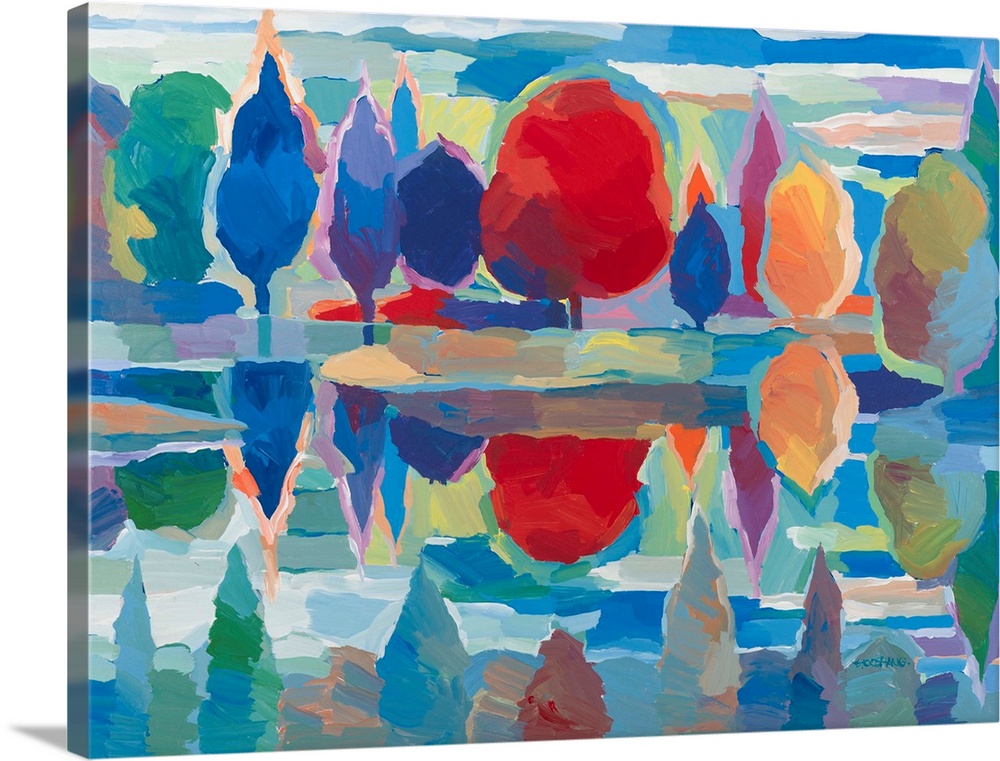 Colorful abstract landscape with trees reflecting into the lake in front of them.