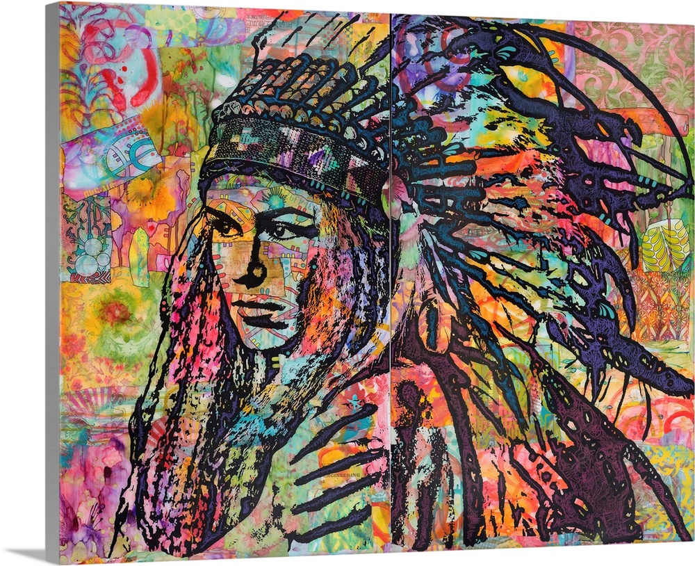 Colorful illustration of Tiva in a head dress on a collage-like background.