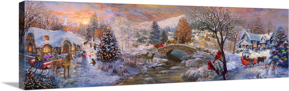A quaint panoramic holiday scene of people riding in horse-drawn sleighs on a late afternoon in winter. The windows of the...
