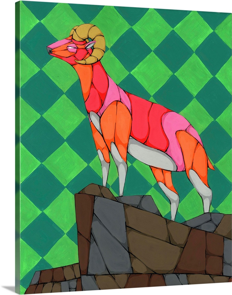 Colorful painting of a ram on top of a cliff with a green diamond patterned background.