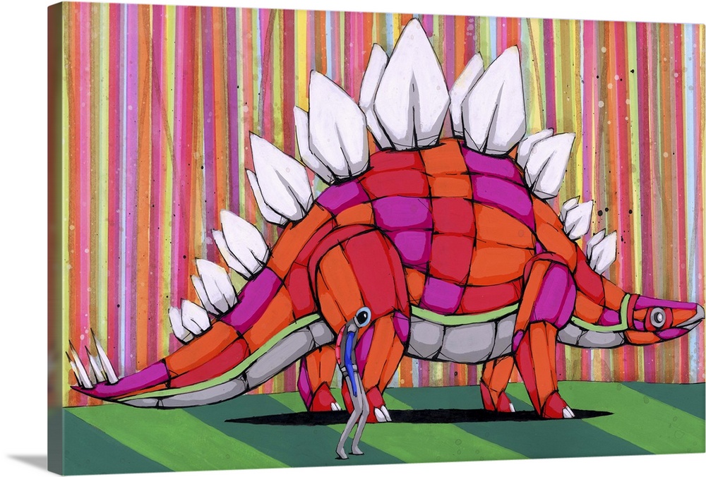 Pop art painting of a man walking with a stegosaurus.