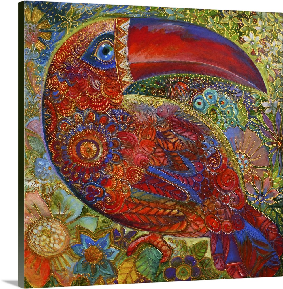 Contemporary painting of a toucan decorated with delicate floral patterns.