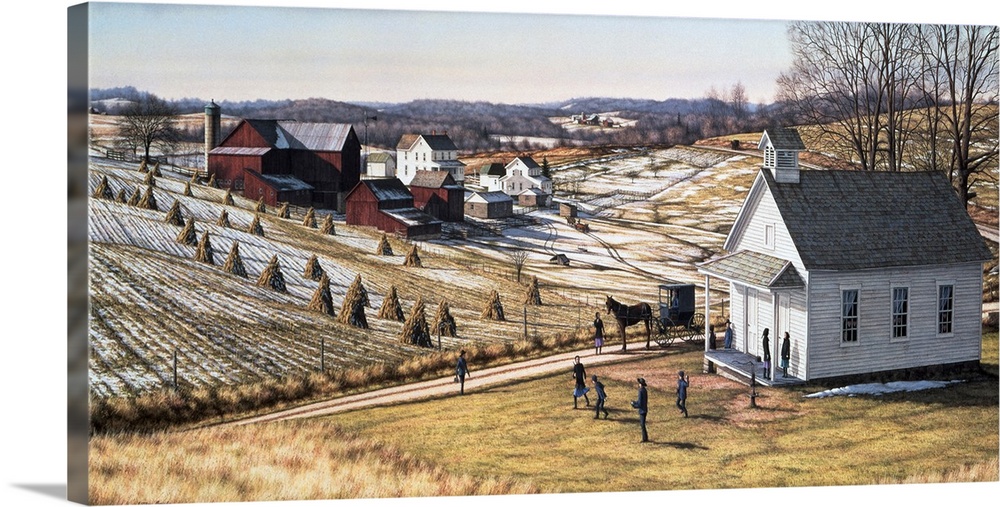 New England landscape winter-children playing in yard in front of school house, farms and houses are in the distance.