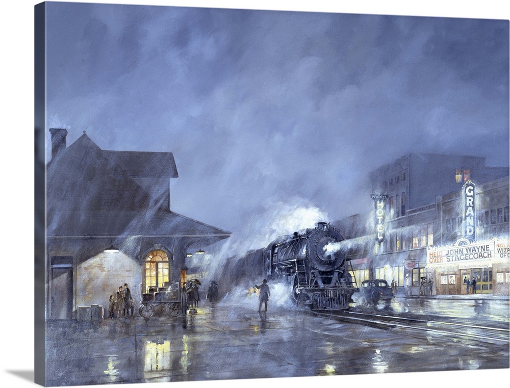 Painting of a train leaving the station at night.