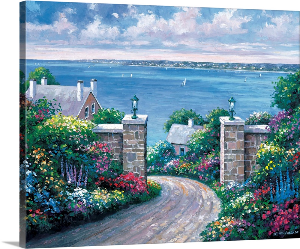 Ocean view through gateway surrounded by flower gardens.