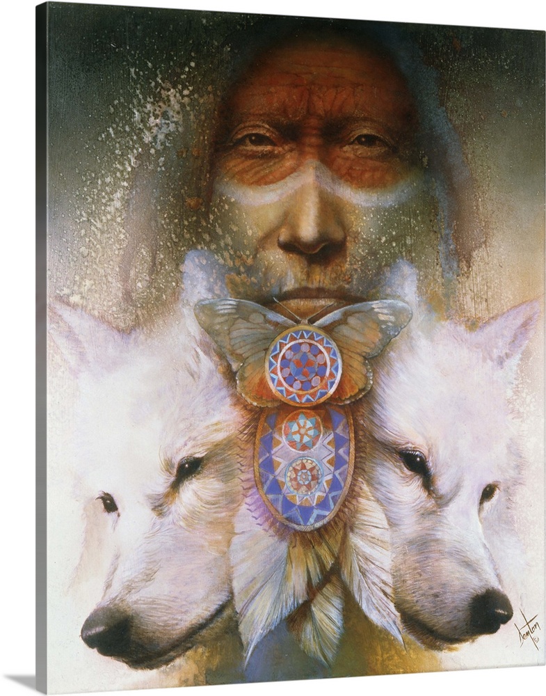 A contemporary painting of a Native American man staring straight on with two white wolf heads at the bottom of the image.
