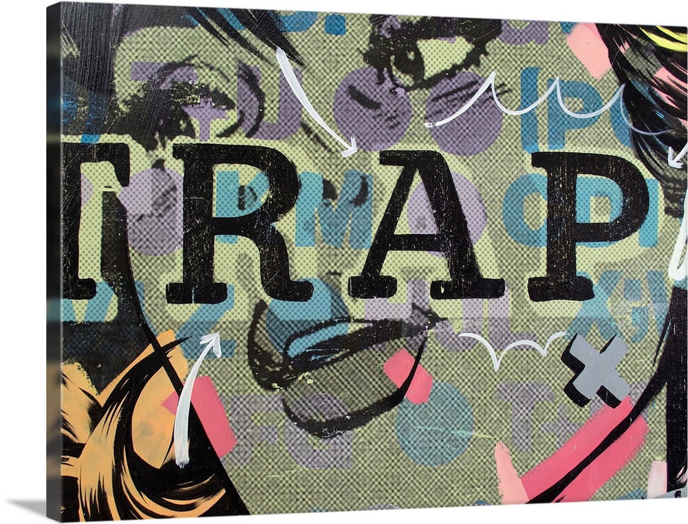Pop art composed of comic illustrations and bold text, reminiscent of Lichtenstein, of the word "TRAP" in all caps across ...