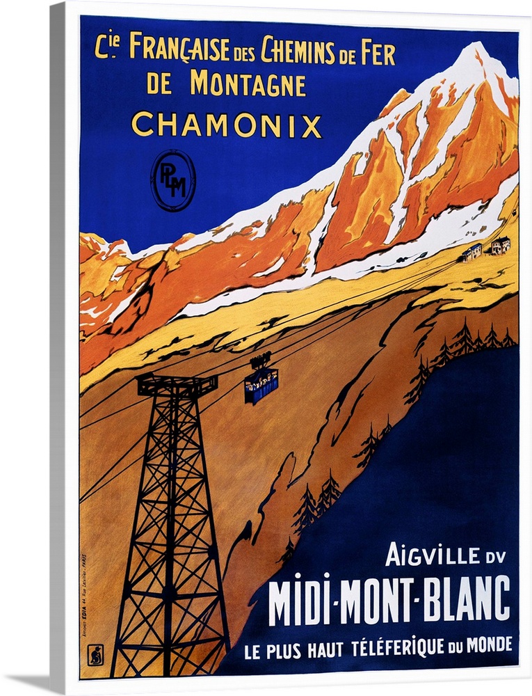 Vintage travel advertisement artwork for Chamonix rail travel.