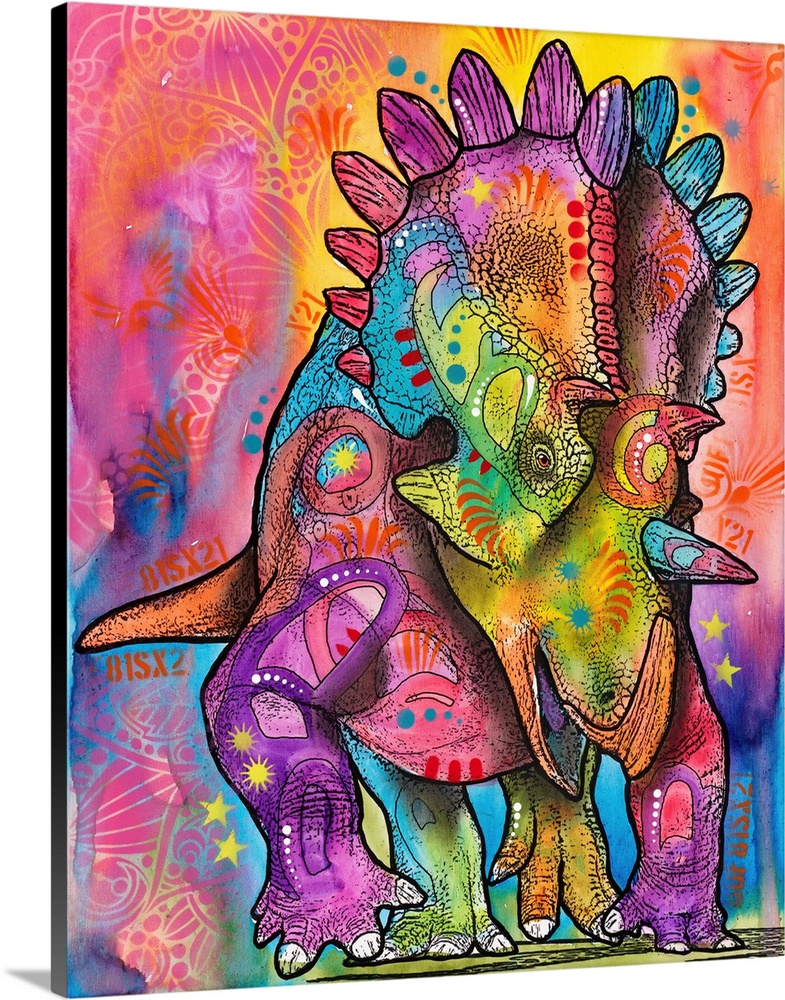 Pop art style painting with a colorful Triceratops with abstract markings all over.