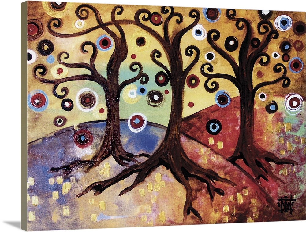 Contemporary painting of three trees with curly branches and spheres of color.