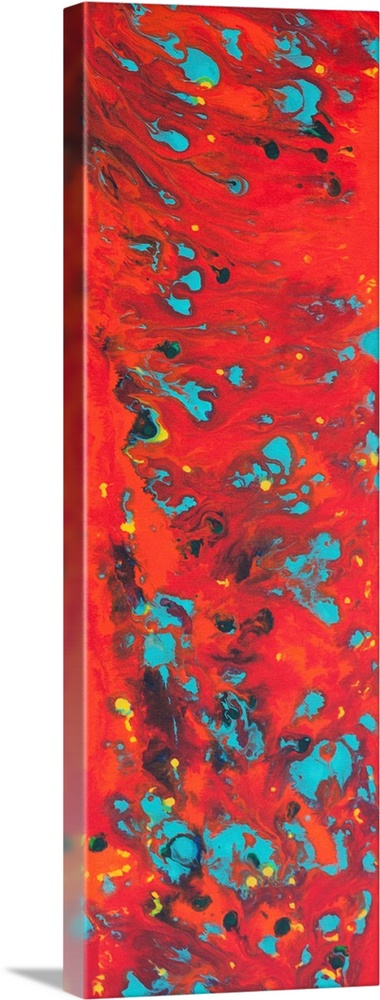 Contemporary abstract painting in red with blue spots.