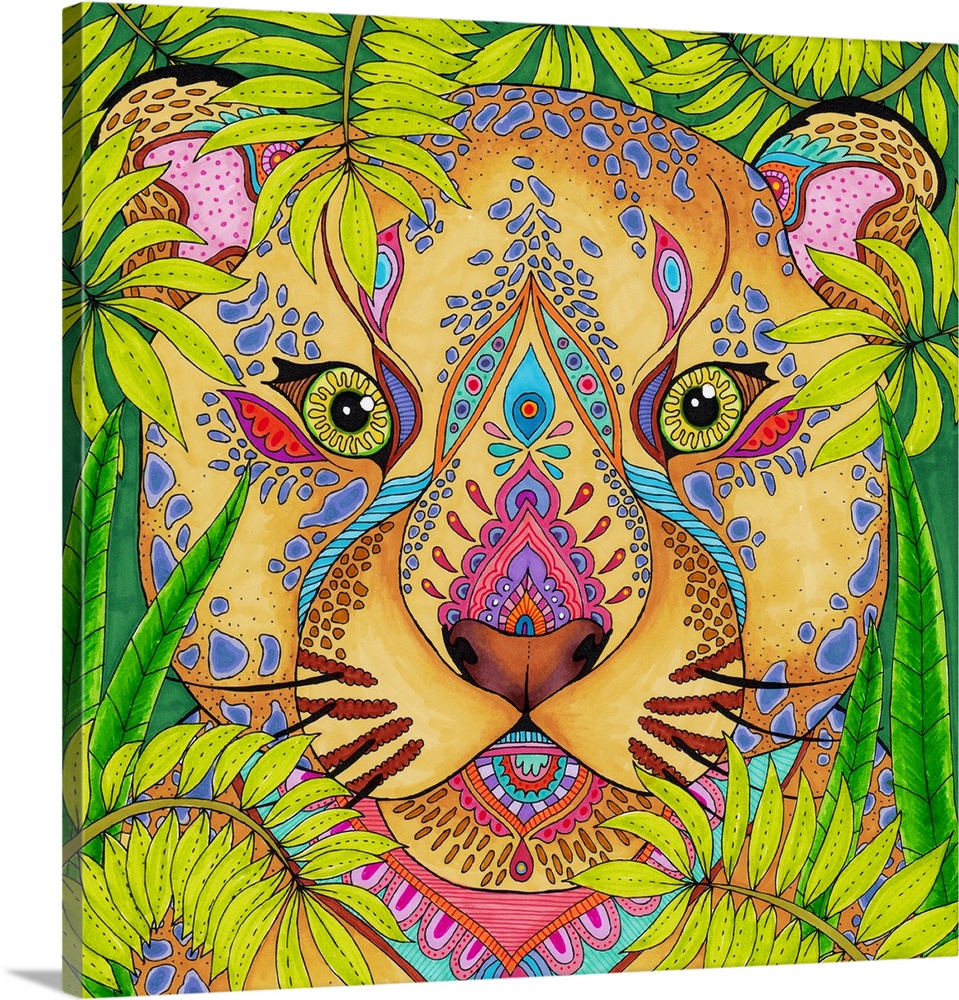 Square illustration of a uniquely designed lion's head peaking through green foliage.