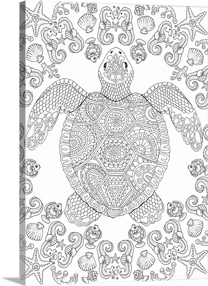 Black and white lined design of a sea turtle surrounded by aquatic sea creatures.