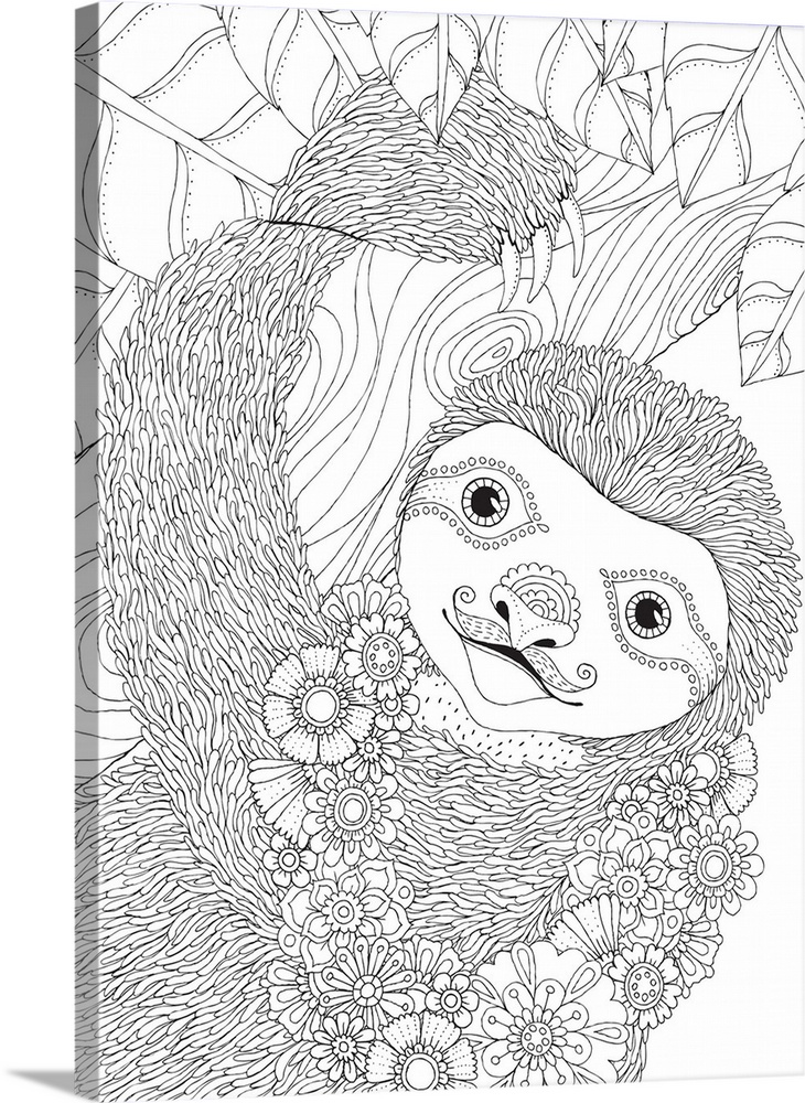 Black and white line art of a intricately detailed sloth hanging from a tree and wearing a lei made out of flowers.