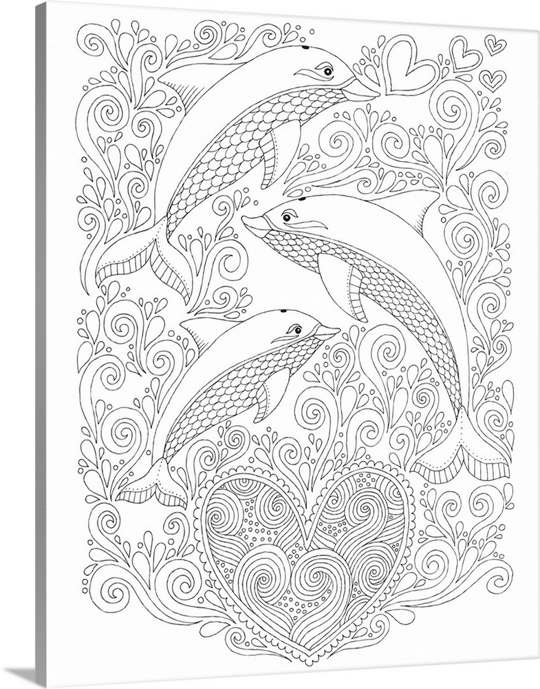 Black and white lined design of three dolphins swimming through playful water designs with a heart at the bottom.