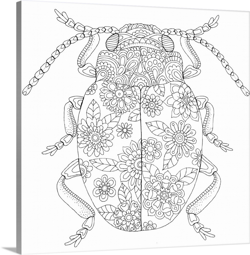 Black and white lined design of a decorative beetle with floral patterned wings.