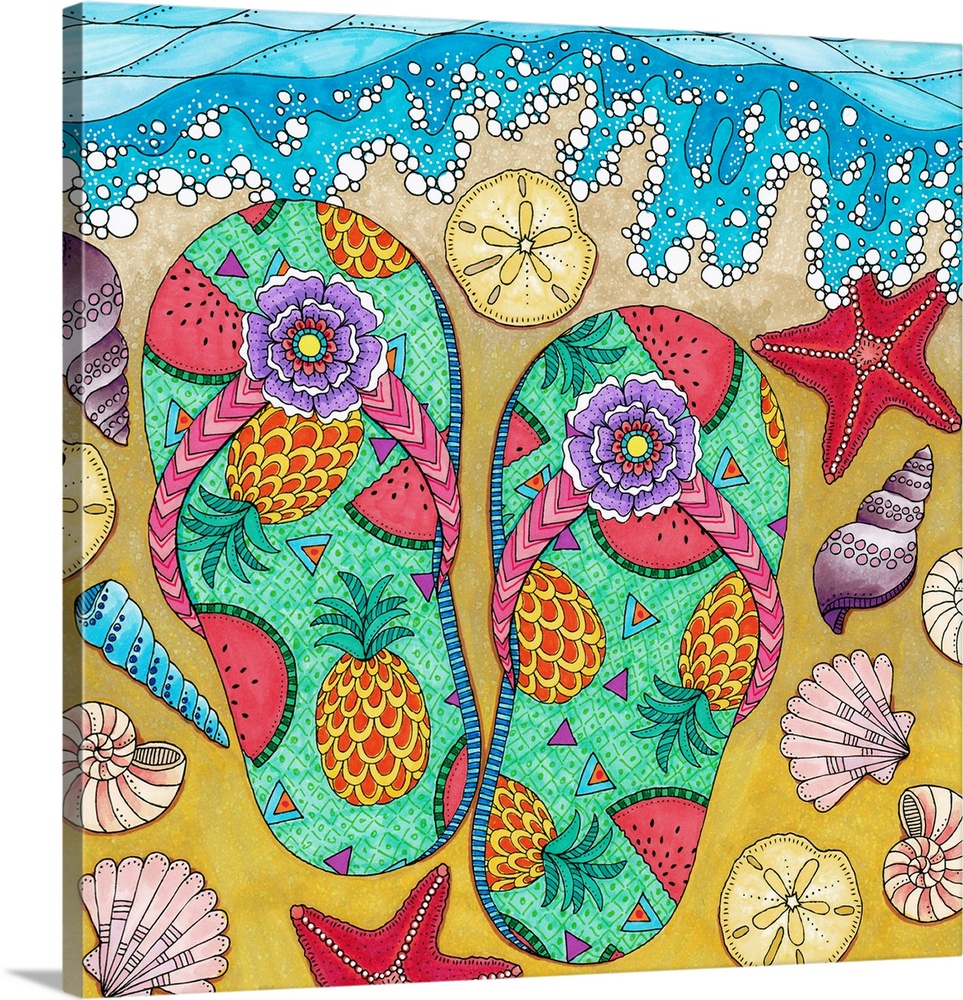 Colorful illustration of fruit decorated sandals, sea shells, sand dollars, star fish, and the ocean waves washing up onto...