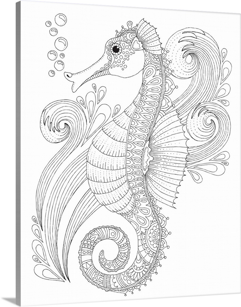 Black and white lined design of a seahorse.