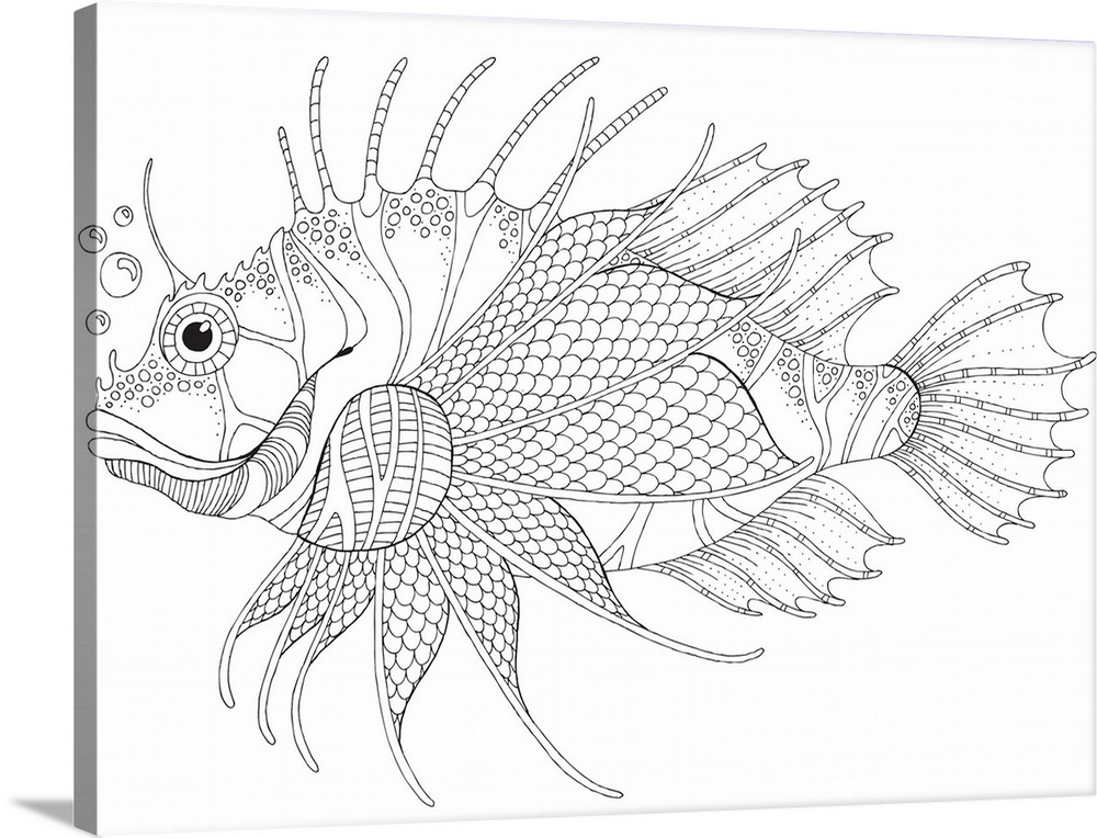 Black and white line art of an intricately designed tropical fish.