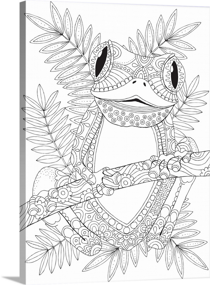 Black and white line art of a uniquely designed frog on a branch with leaves in the background.