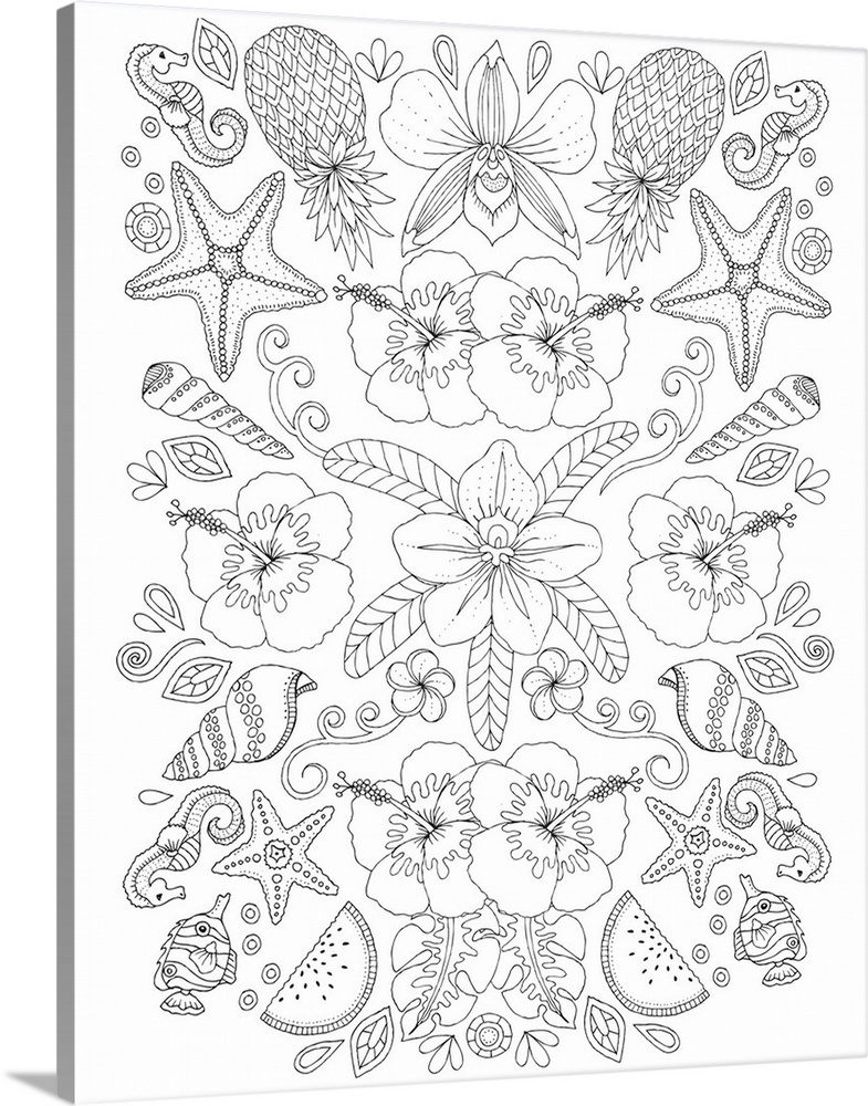 Black and white symmetrical line art of a tropical flower and seashell pattern.