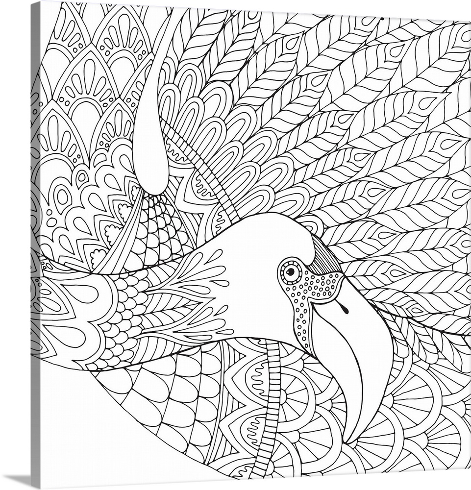 Black and white lined design of a tropical flamingo.