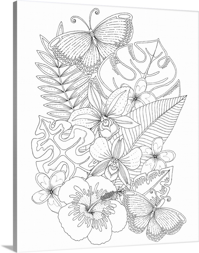 Black and white lined design of tropical flowers and leaves.