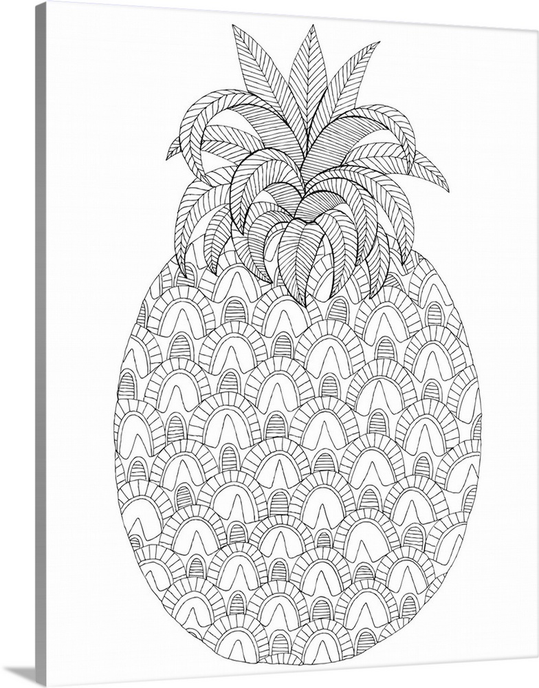 Black and white lined design of a pineapple.