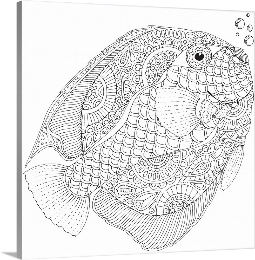 Black and white lined design of a tropical fish blowing bubbles.