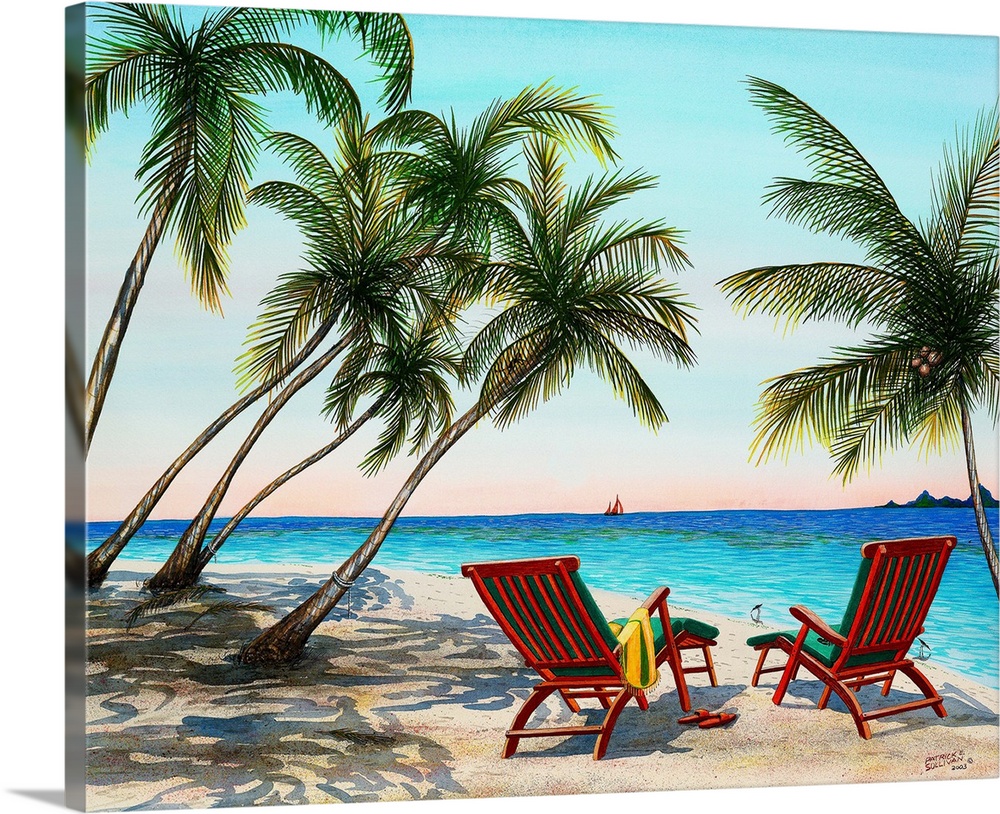 Painting of a tropical beach scene.