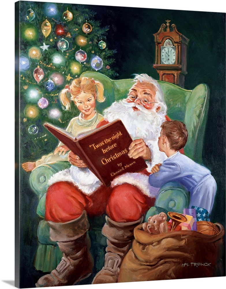 Santa reading Twas The Night Before Christmas with a young boy and girl on either side, next to a Christmas tree.