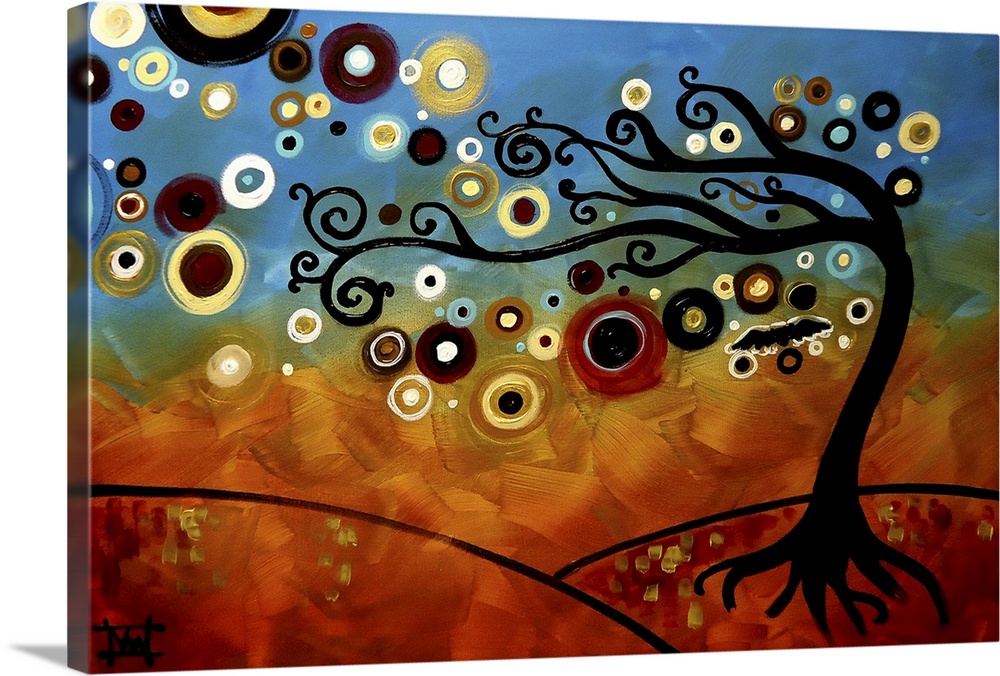 Contemporary painting of a tree with colorful orbs flowing from its branches and a blue and orange background.