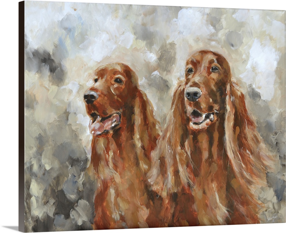 Contemporary pet portrait of two Irish Setter dogs.