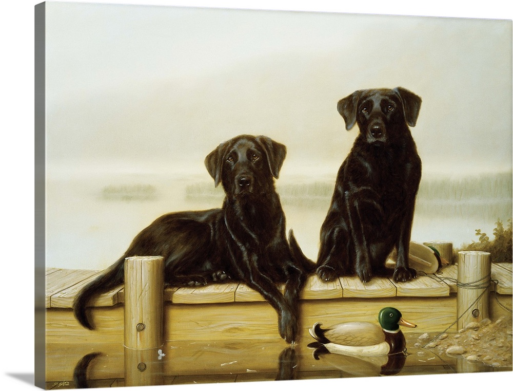Contemporary painting of a pair of black Labrador retrievers sitting on a dock.
