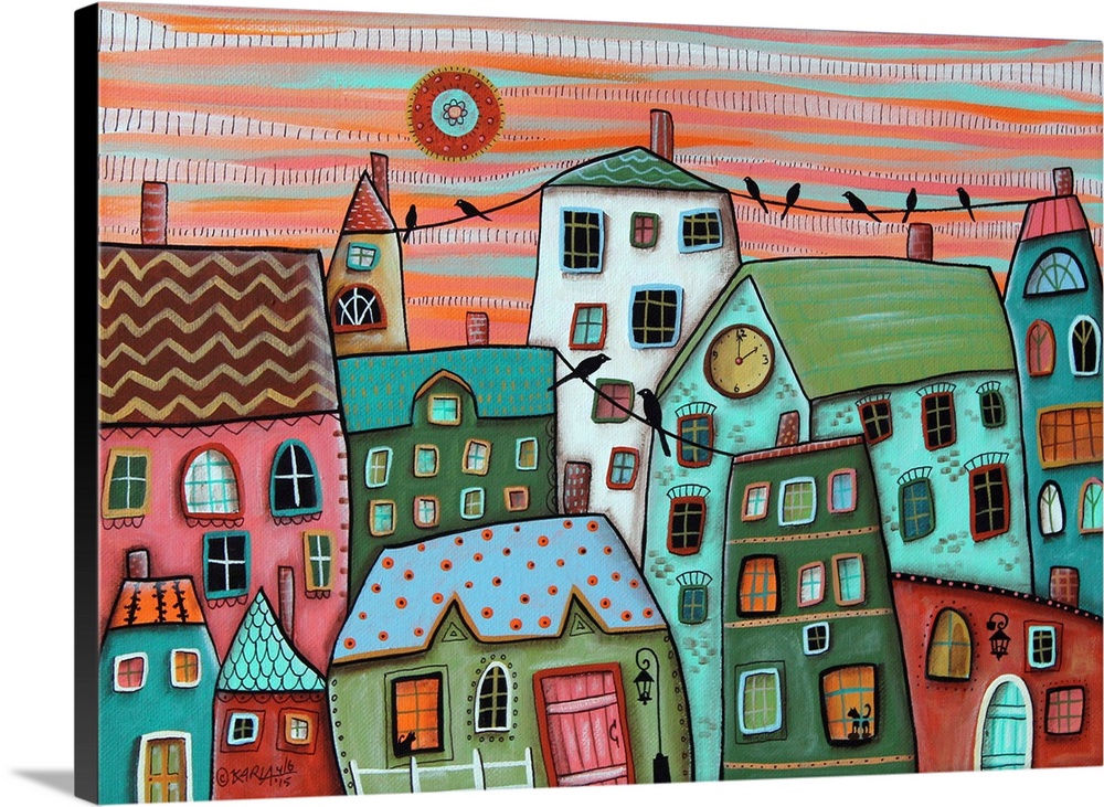 Contemporary folk-art style painting of a rolling hill landscape with houses and patchwork fields.