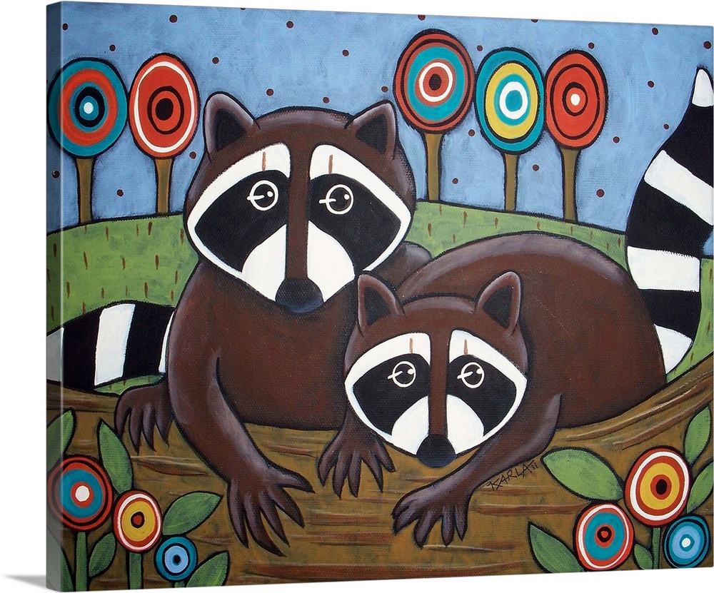 Contemporary painting of two cute raccoons.