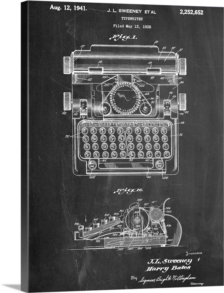 Black and white diagram showing the parts of a typewriter.