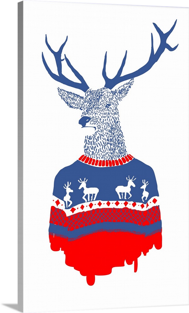 Humorous illustration of a deer wearing a tacky red and blue sweater.