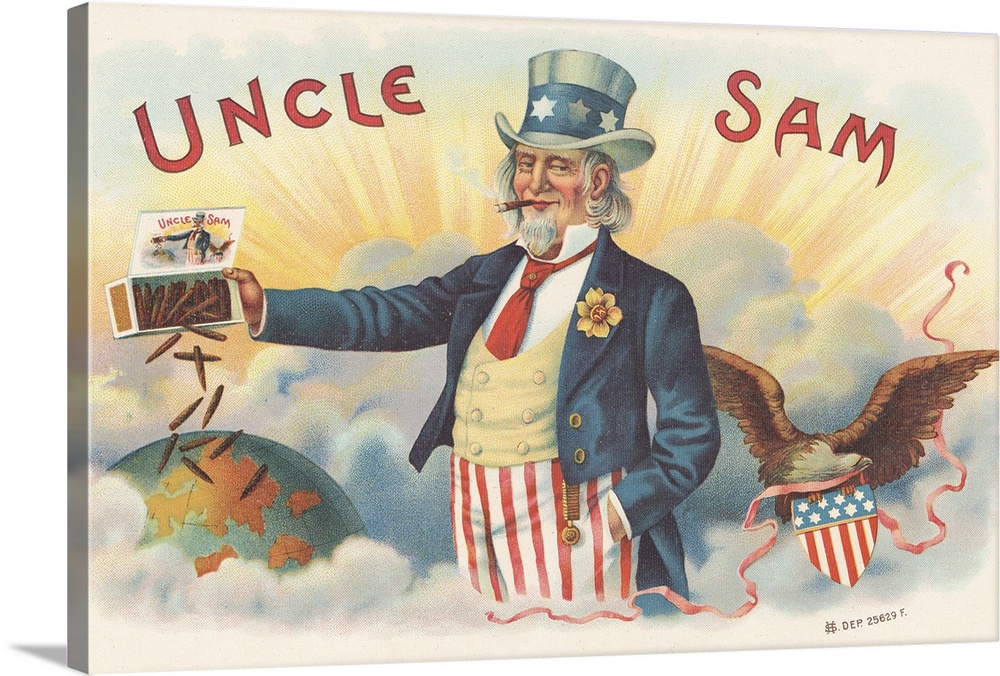 Uncle Sam. Uncle Sam, smoking a cigar while dumping a box of cigars over the world, with an eagle to the right.