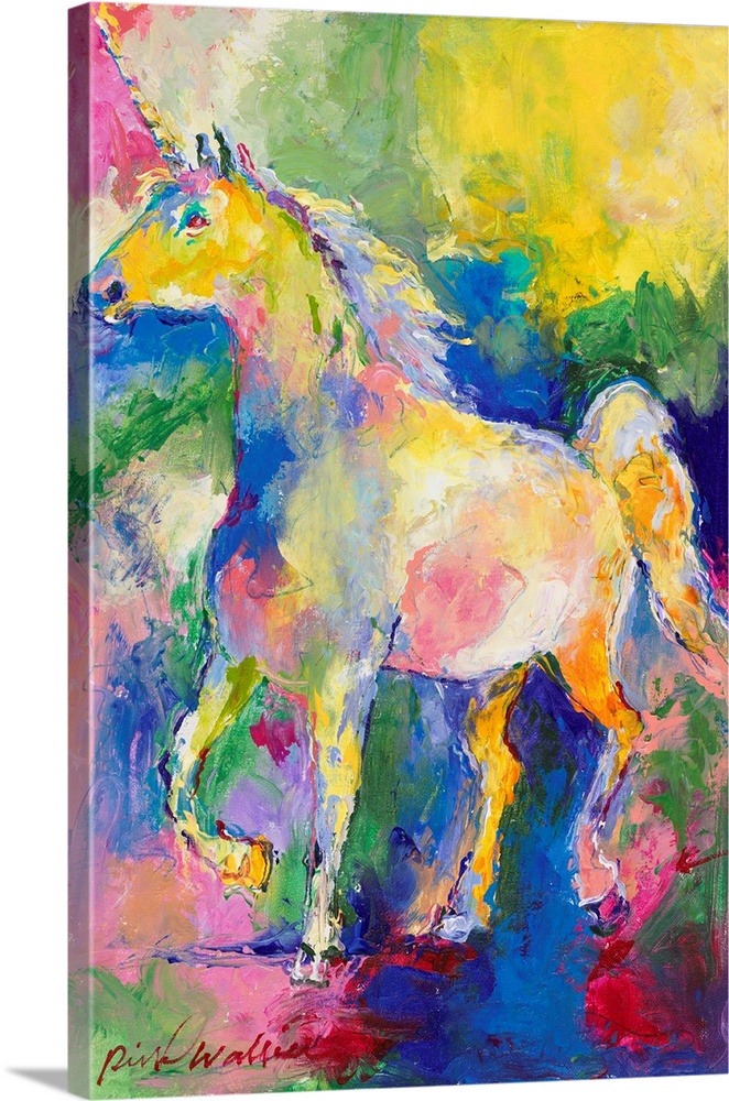 Abstract painting of a colorful unicorn using all of the colors of the rainbow.