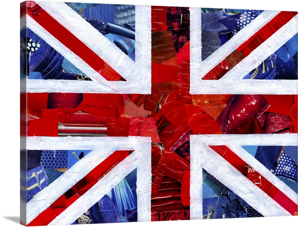 Multimedia collage of magazine clippings and paint of the British Flag.