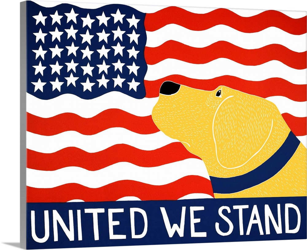 Illustration of a yellow lab looking up at the American flag with the phrase "United We Stand" written at the bottom.