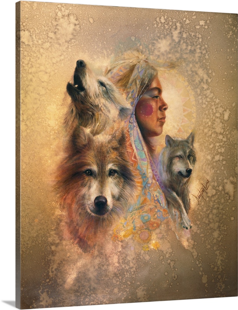 A contemporary painting of a montage of a female profile and wolf portraits.