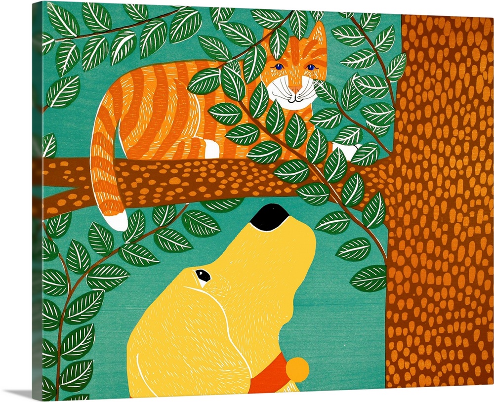 Illustration of a yellow lab looking up at an orange striped cat sitting on a tree branch.