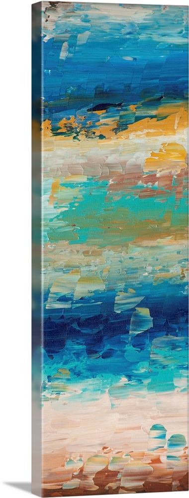 Vertical abstract painting reminiscent of the sky in the morning.